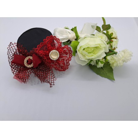 Peigne fleur dentelle, nœud rouge perle et strass